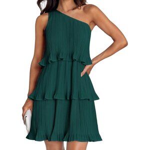 Zesica One Shoulder Ruffled Tiered A Line Dress Dark Green Medium